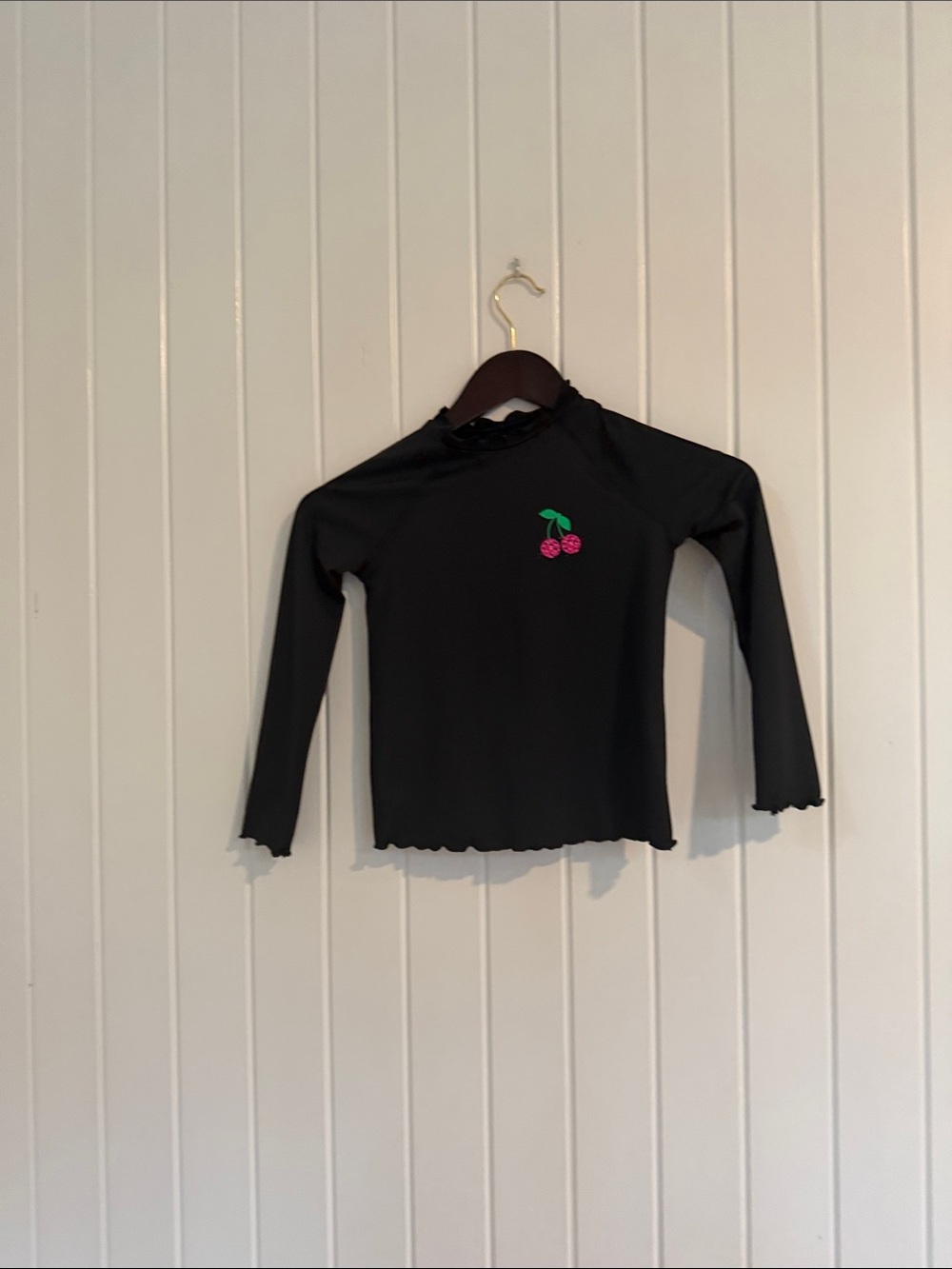 Kids Black Long-Sleeve Swim Top with Cherry Motif